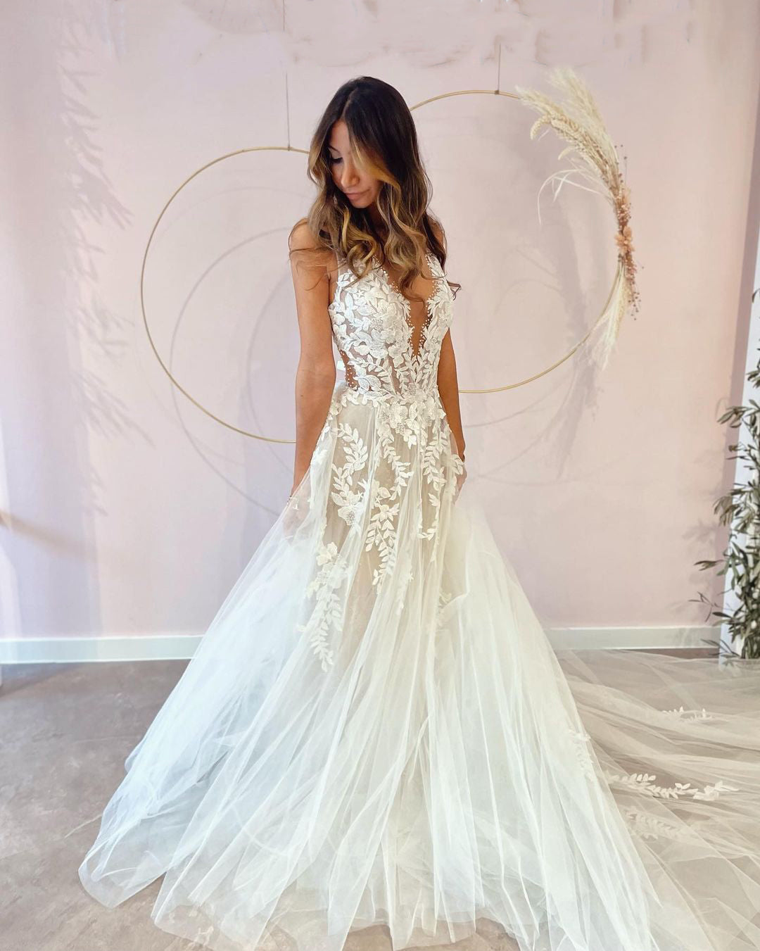 A-Line Deep V-neck Backless Wedding Dress with Appliques Lace Tulle-BallBride