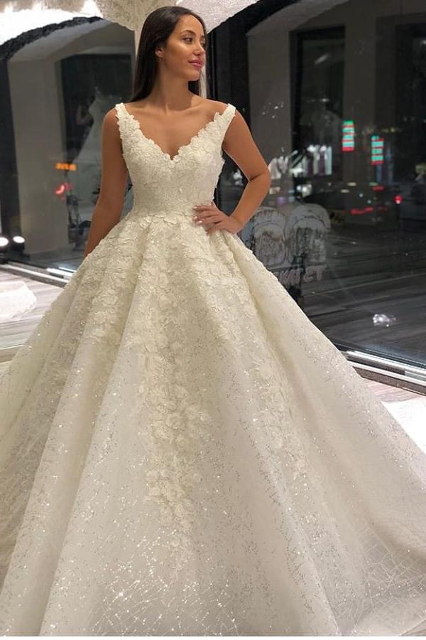 A-Line Deep V-neck Floor-length Wedding Dress With Appliques Lace Sequins - Vintage-BallBride