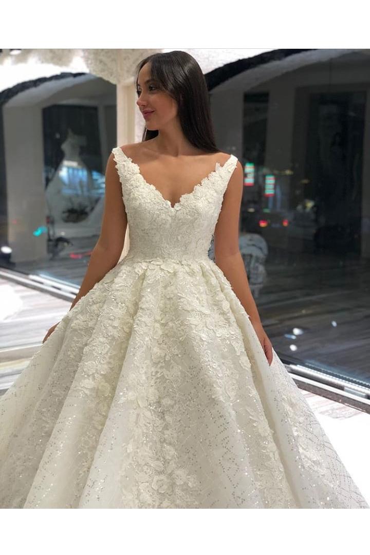 A-Line Deep V-neck Floor-length Wedding Dress With Appliques Lace Sequins - Vintage-BallBride