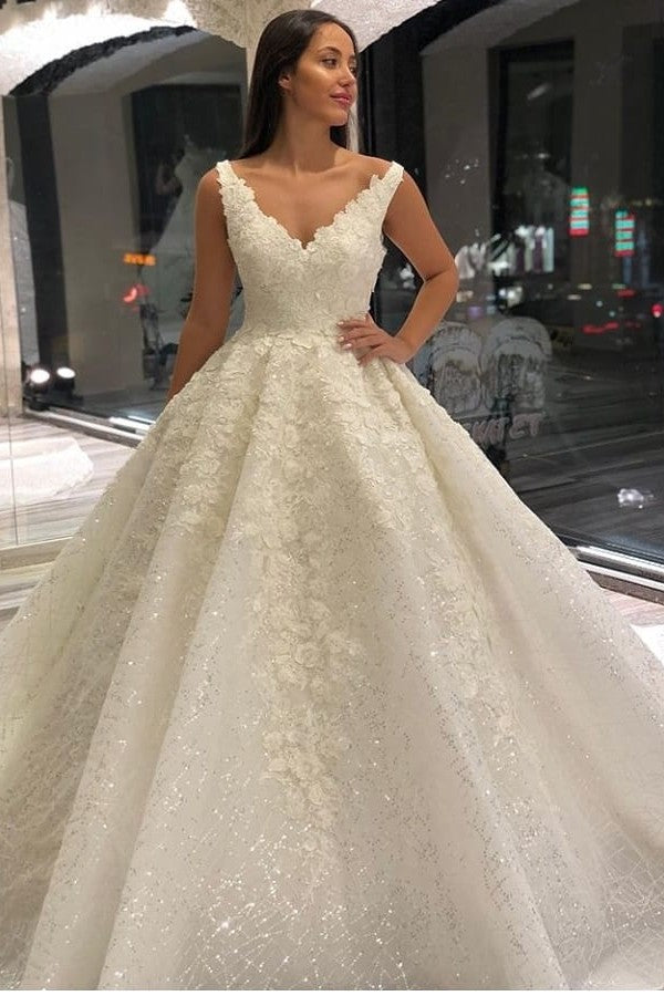 A-Line Deep V-neck Floor-length Wedding Dress With Appliques Lace Sequins - Vintage-BallBride