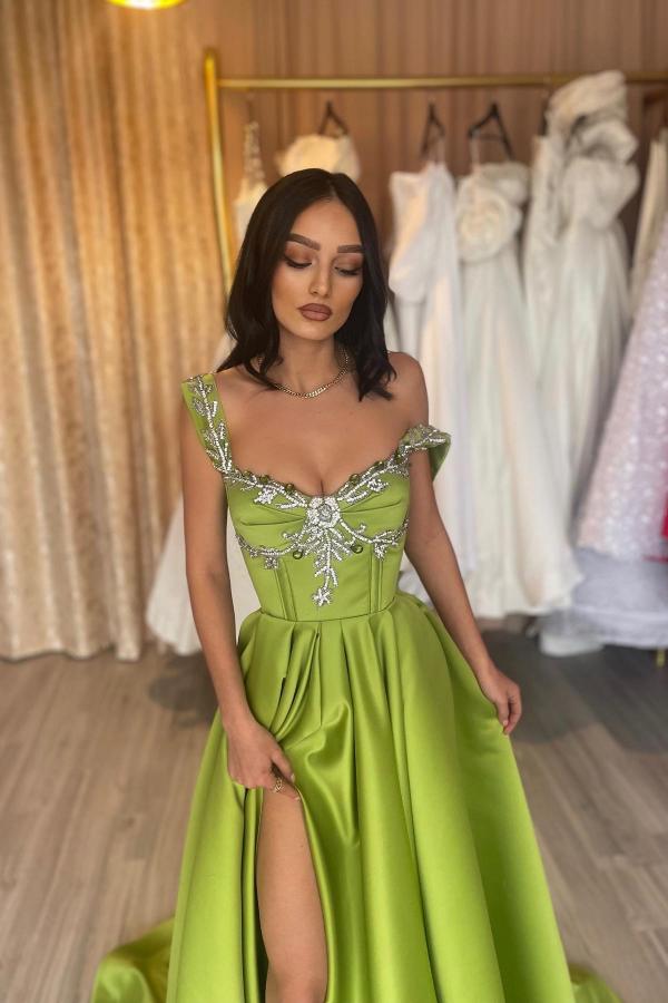 A-Line Front Split Spaghetti Straps Green Ruffled Satin Prom Dress-BallBride