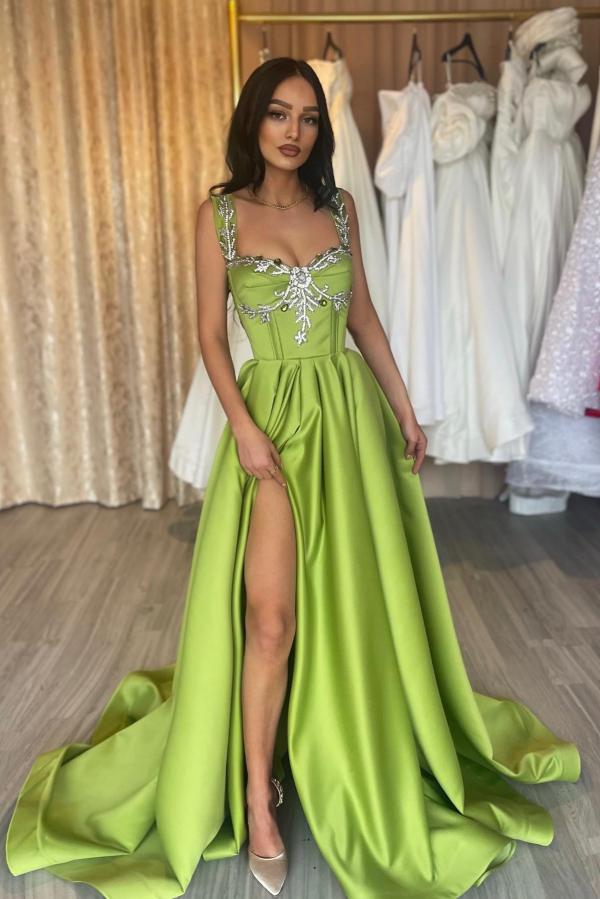 A-Line Front Split Spaghetti Straps Green Ruffled Satin Prom Dress-BallBride