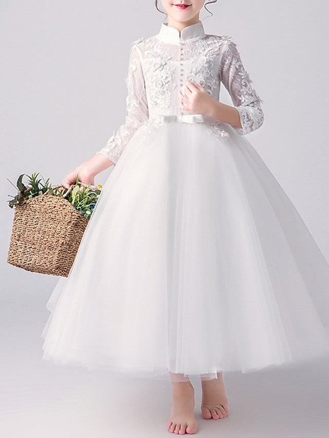 A-Line High Neck Flower Girl Dress Tulle with Bow Beading Appliques-BallBride