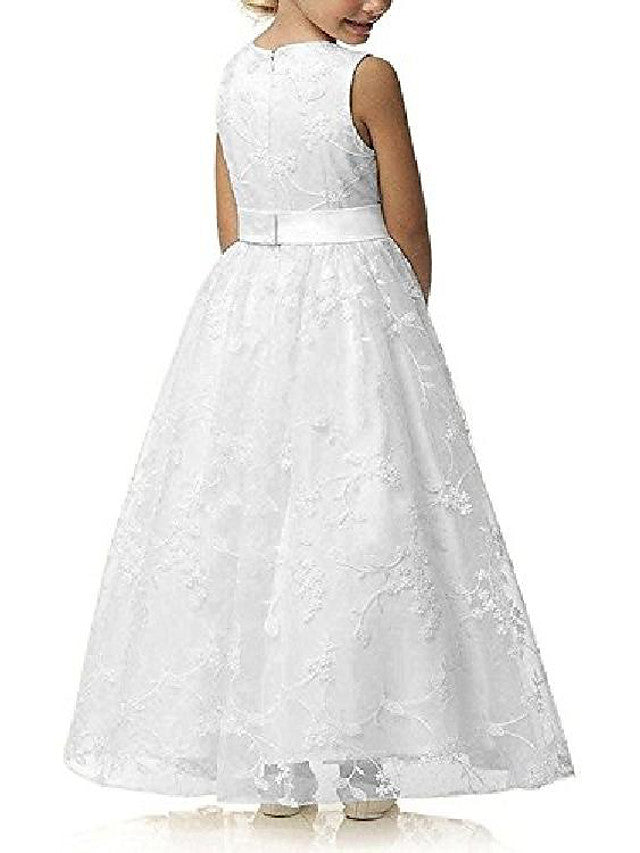 A-Line Jewel Sleeveless Flower Girl Dress with Lace and Belt-BallBride