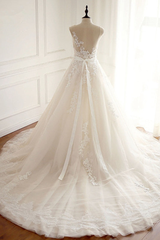A-line Jewel Tulle Long Wedding Dress with Appliques Lace-BallBride