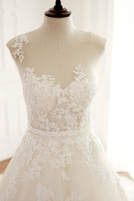 A-line Jewel Tulle Long Wedding Dress with Appliques Lace-BallBride