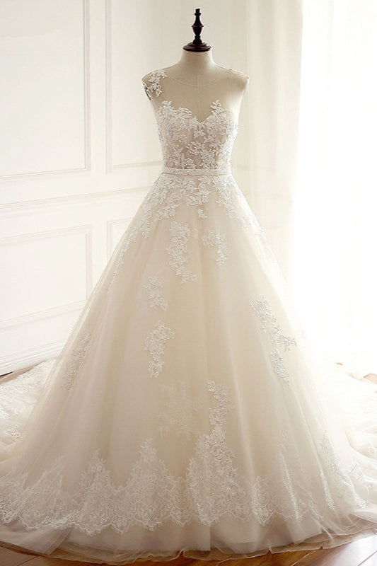 A-line Jewel Tulle Long Wedding Dress with Appliques Lace-BallBride