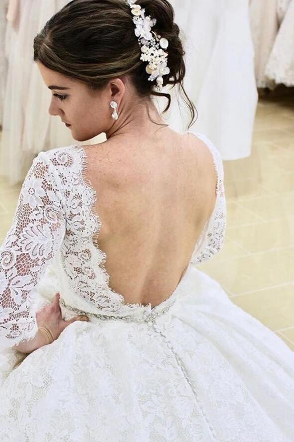A-line Lace Backless Wedding Dress with Sleeves-BallBride