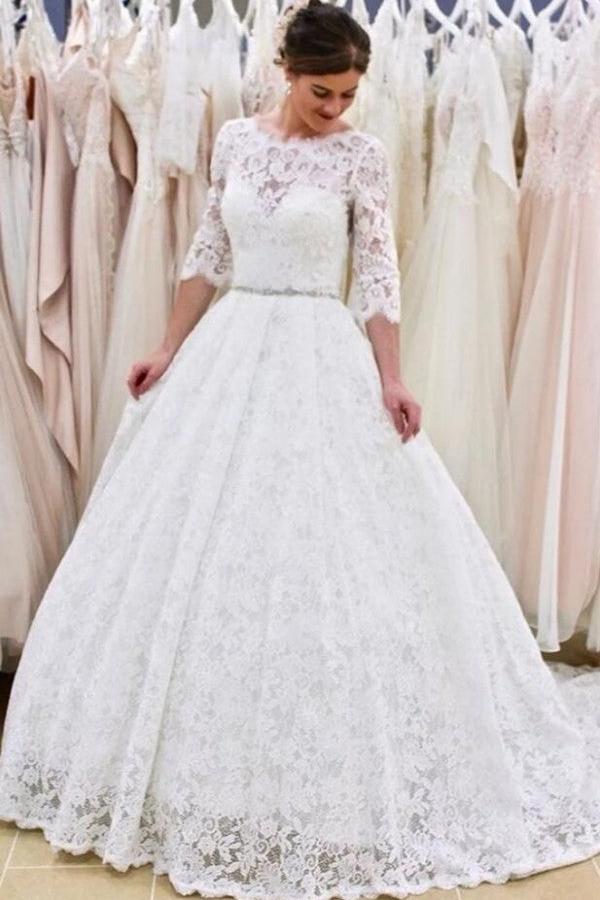 A-line Lace Backless Wedding Dress with Sleeves-BallBride