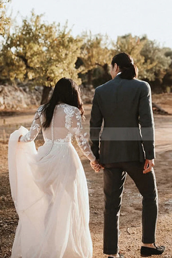 A-line Lace Long Sleeve Scoop Sweep Train Wedding Dress-BallBride