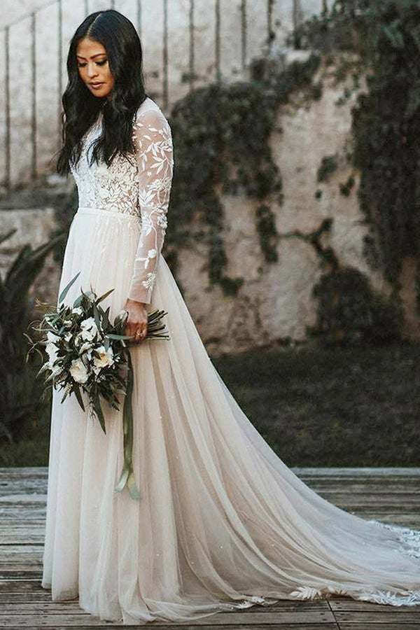 A-line Lace Long Sleeve Scoop Sweep Train Wedding Dress-BallBride