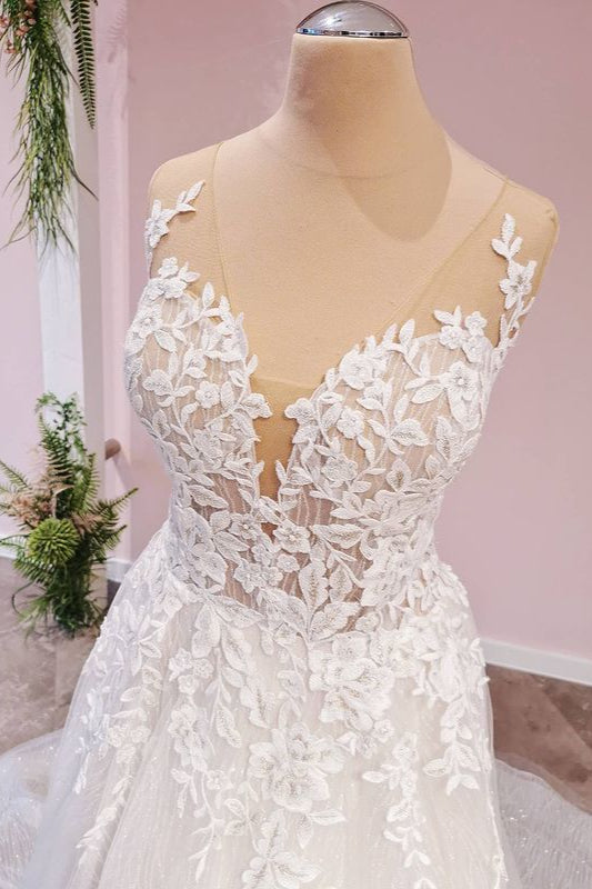 A-Line Lace Tulle Backless Wedding Dress With Sweetheart Appliques-BallBride