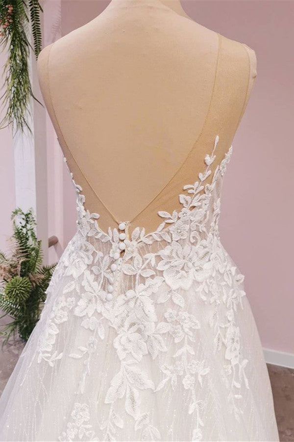 A-Line Lace Tulle Backless Wedding Dress With Sweetheart Appliques-BallBride