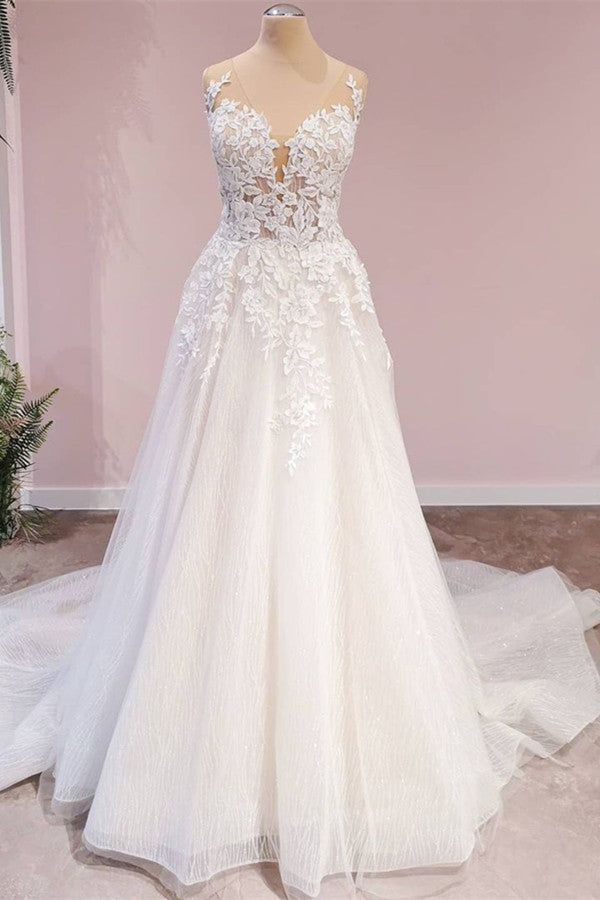 A-Line Lace Tulle Backless Wedding Dress With Sweetheart Appliques-BallBride