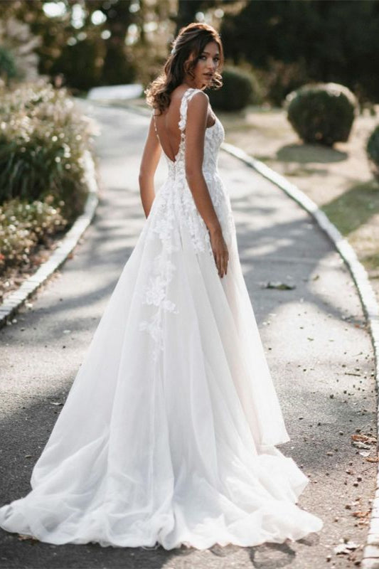 A-Line Lace Tulle Cap Sleeve Wedding Dress-BallBride