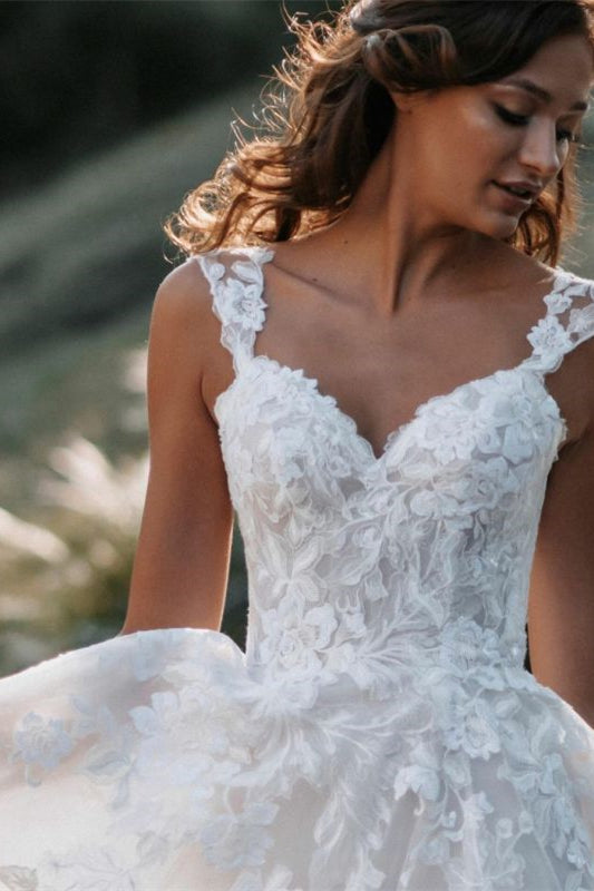 A-Line Lace Tulle Cap Sleeve Wedding Dress-BallBride