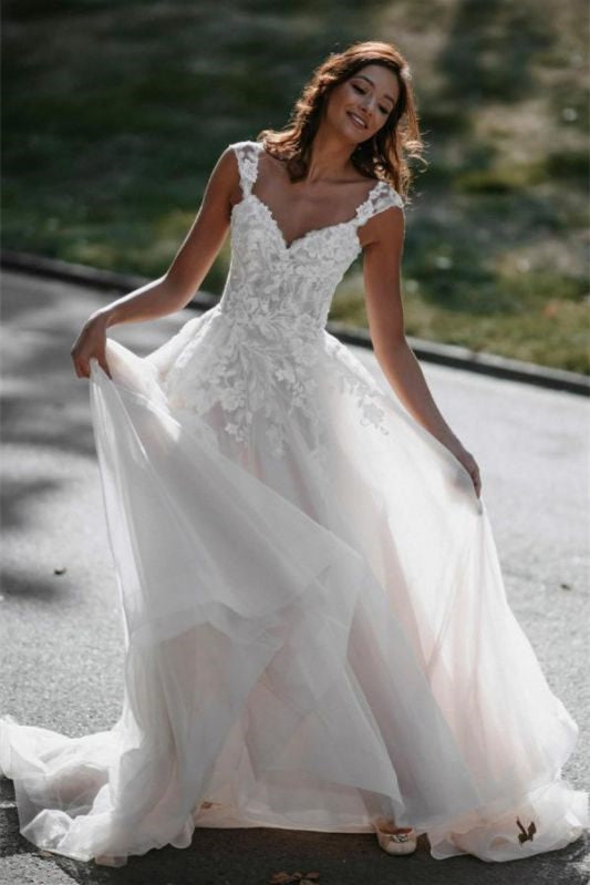 A-Line Lace Tulle Cap Sleeve Wedding Dress-BallBride