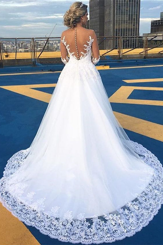 A-Line Lace V-Neck Wedding Dress with Long Sleeves-BallBride