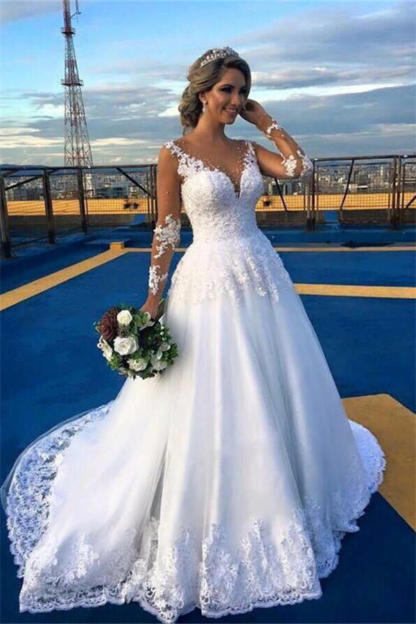 A-Line Lace V-Neck Wedding Dress with Long Sleeves-BallBride