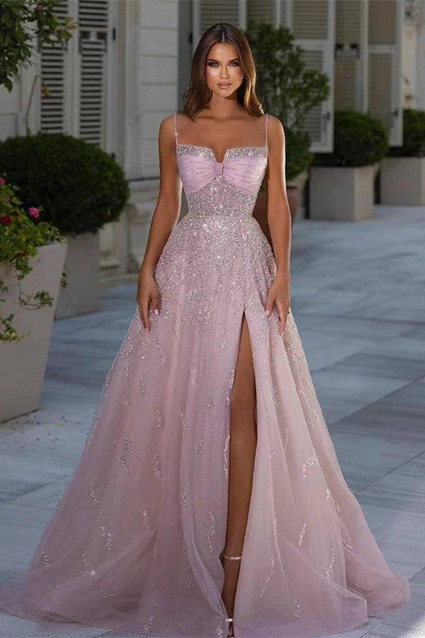 A-Line Long Prom Dress with Slit, Classic Pink Spaghetti-Straps, Beads
