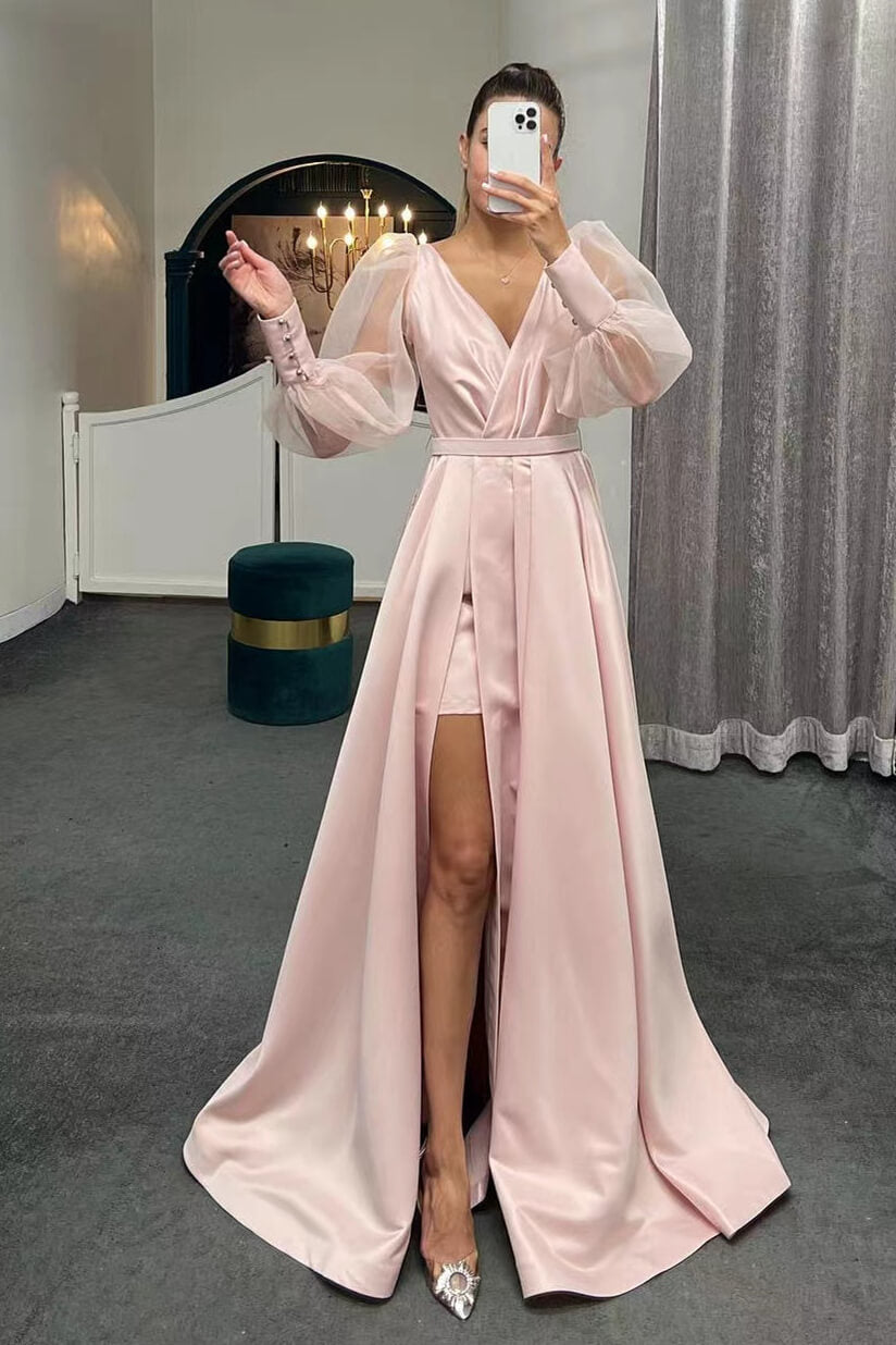 A-Line Long Puff Sleeves Slit Evening Dress-BallBride