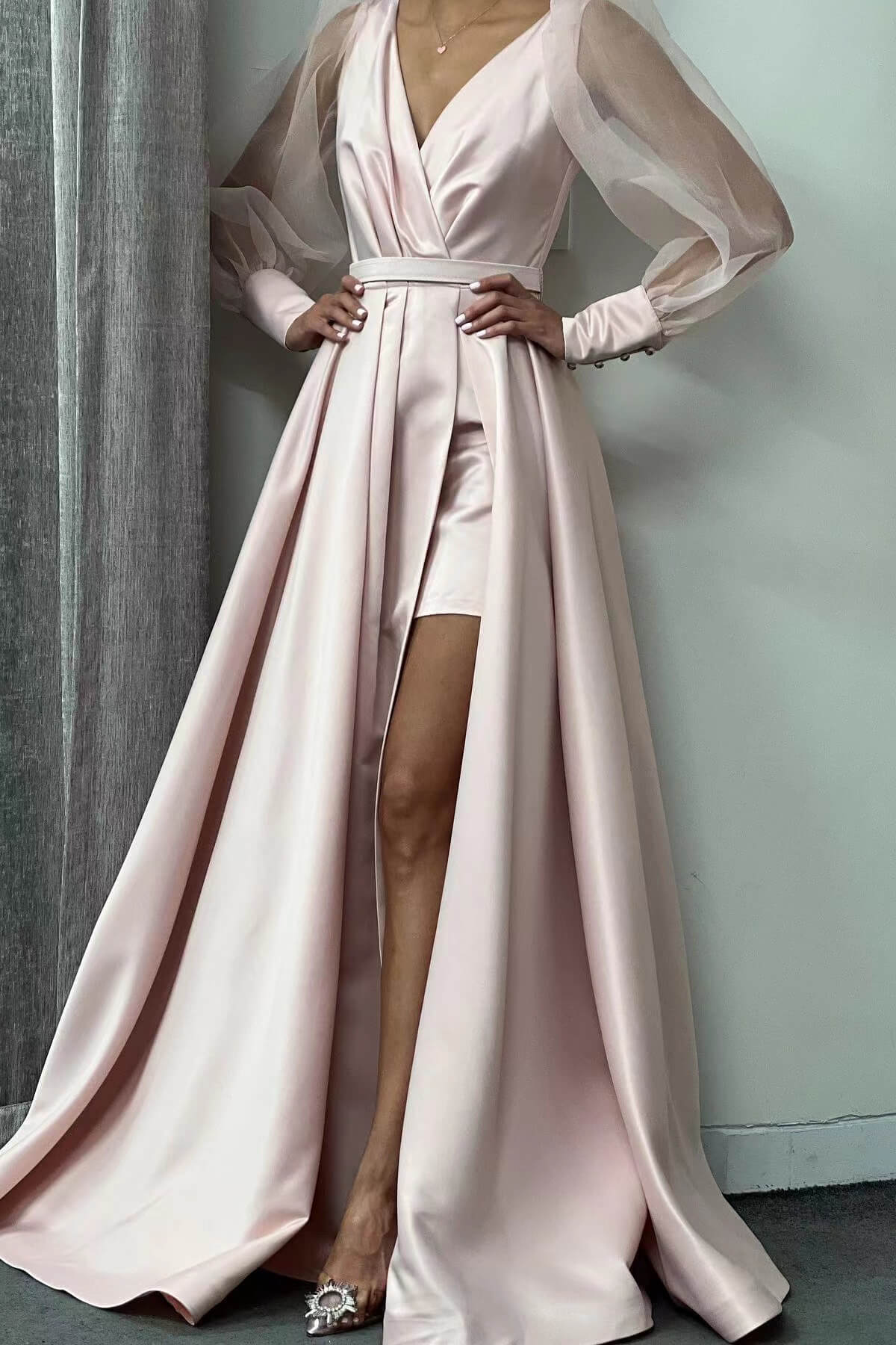 A-Line Long Puff Sleeves Slit Evening Dress-BallBride