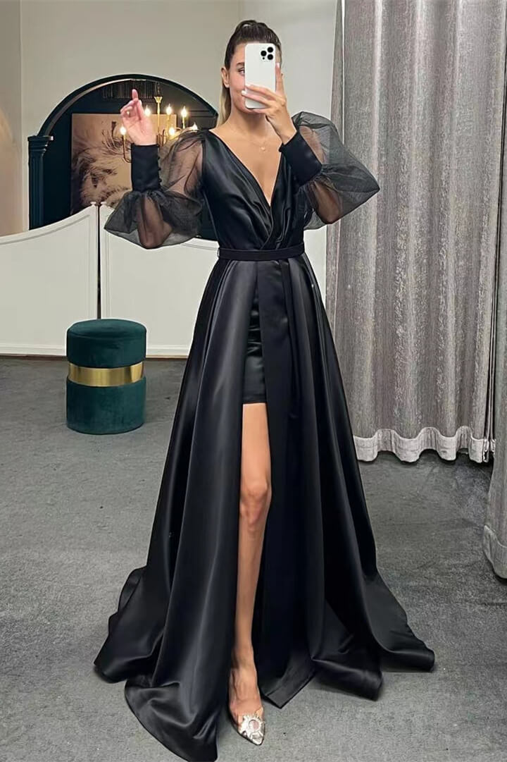 A-Line Long Puff Sleeves Slit Evening Dress-BallBride