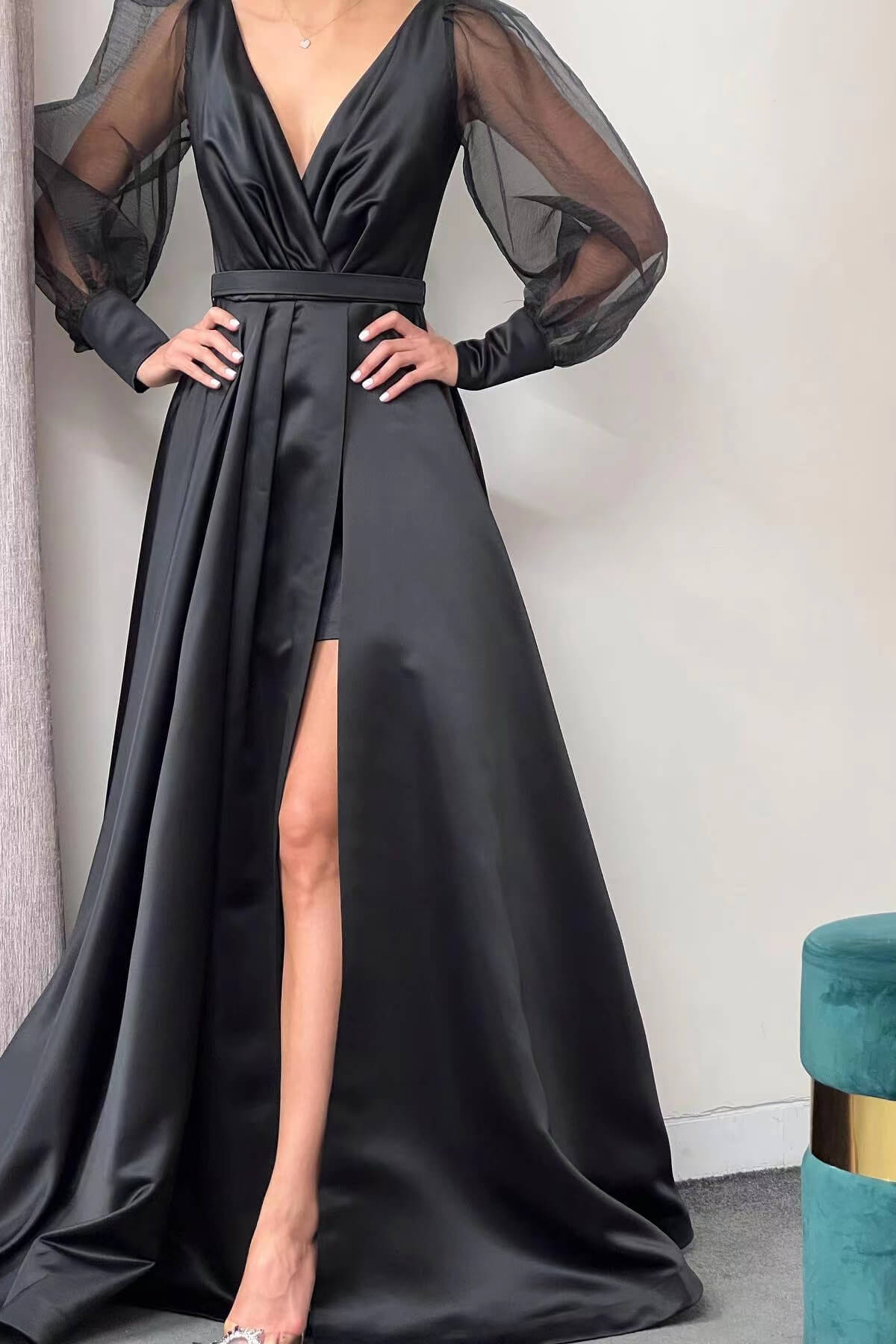 A-Line Long Puff Sleeves Slit Evening Dress-BallBride