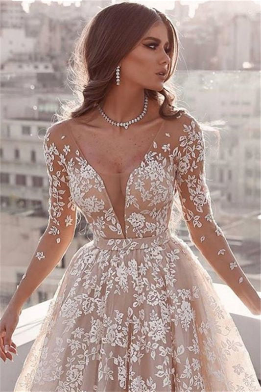 A-Line Long Sleeves Tulle Lace Appliques Wedding Dress-BallBride