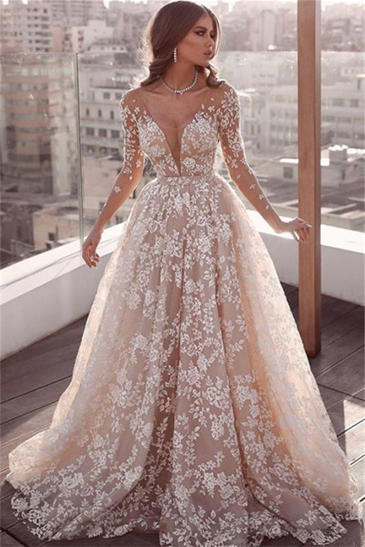A-Line Long Sleeves Tulle Lace Appliques Wedding Dress-BallBride