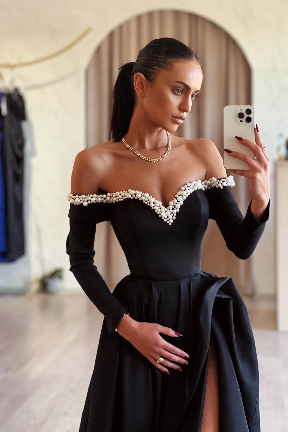 A-Line Off The Shoulder Long Sleeve Beaded Prom Dress with Split Front-BallBride
