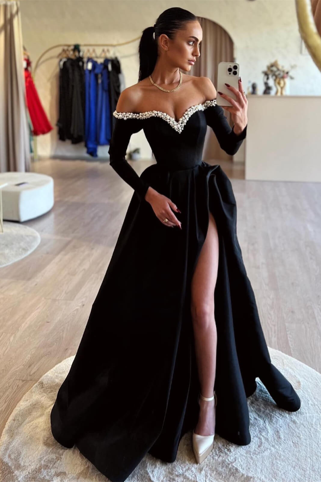 A-Line Off The Shoulder Long Sleeve Beaded Prom Dress with Split Front-BallBride