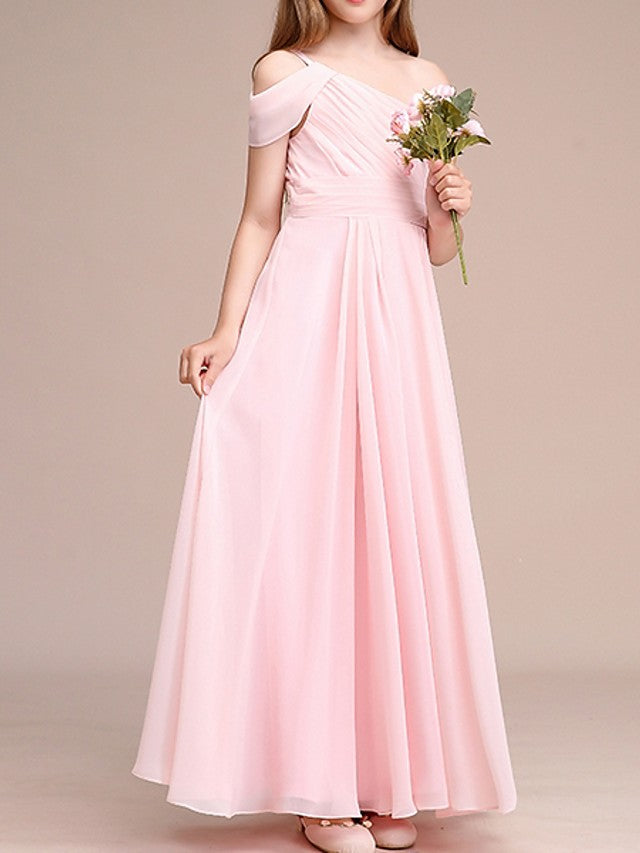 A-Line One Shoulder Flower Girl Dress With Ruching for Ankle Length-BallBride