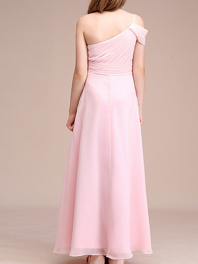A-Line One Shoulder Flower Girl Dress With Ruching for Ankle Length-BallBride
