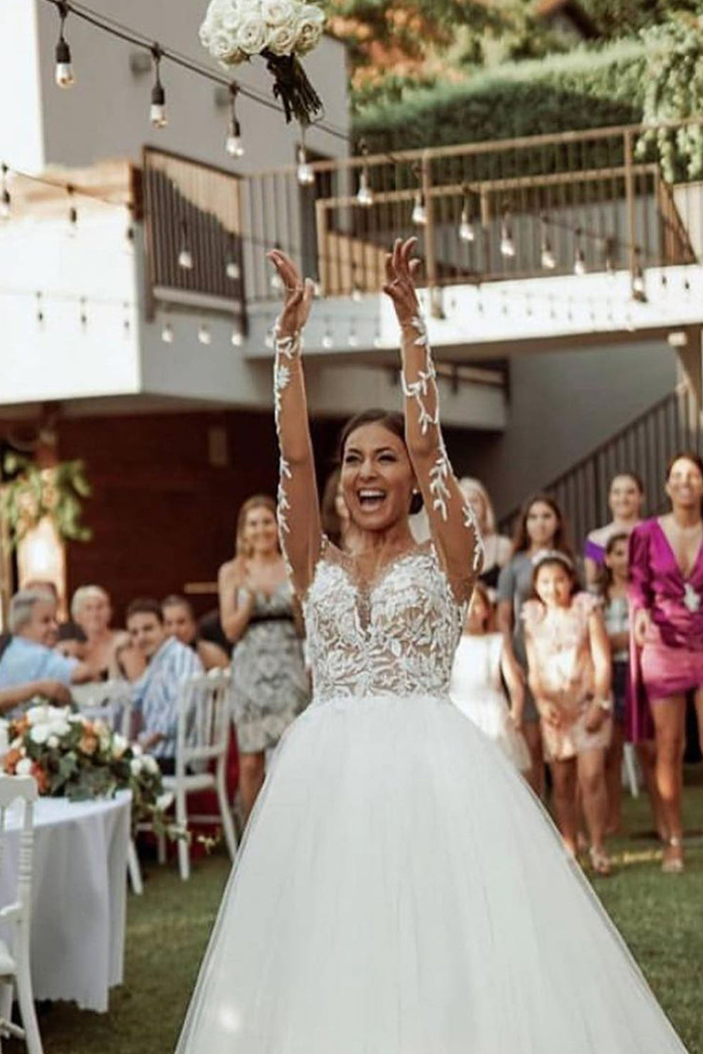 A-line Sheer Wedding Dress with Tulle Lace - Long Sleeves-BallBride