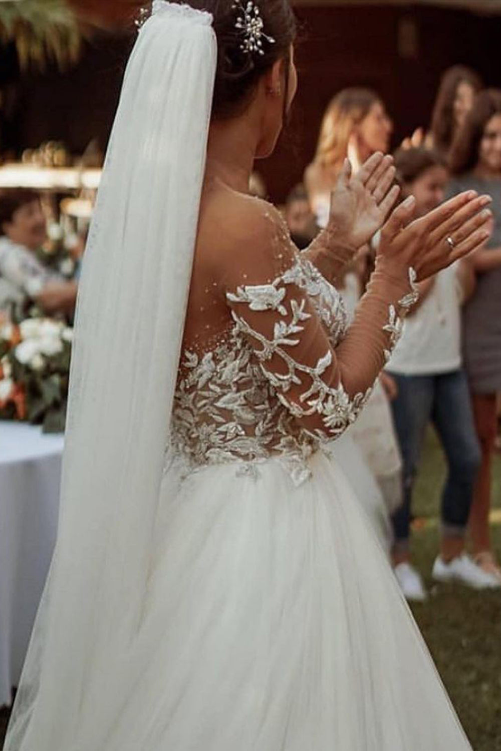 A-line Sheer Wedding Dress with Tulle Lace - Long Sleeves-BallBride