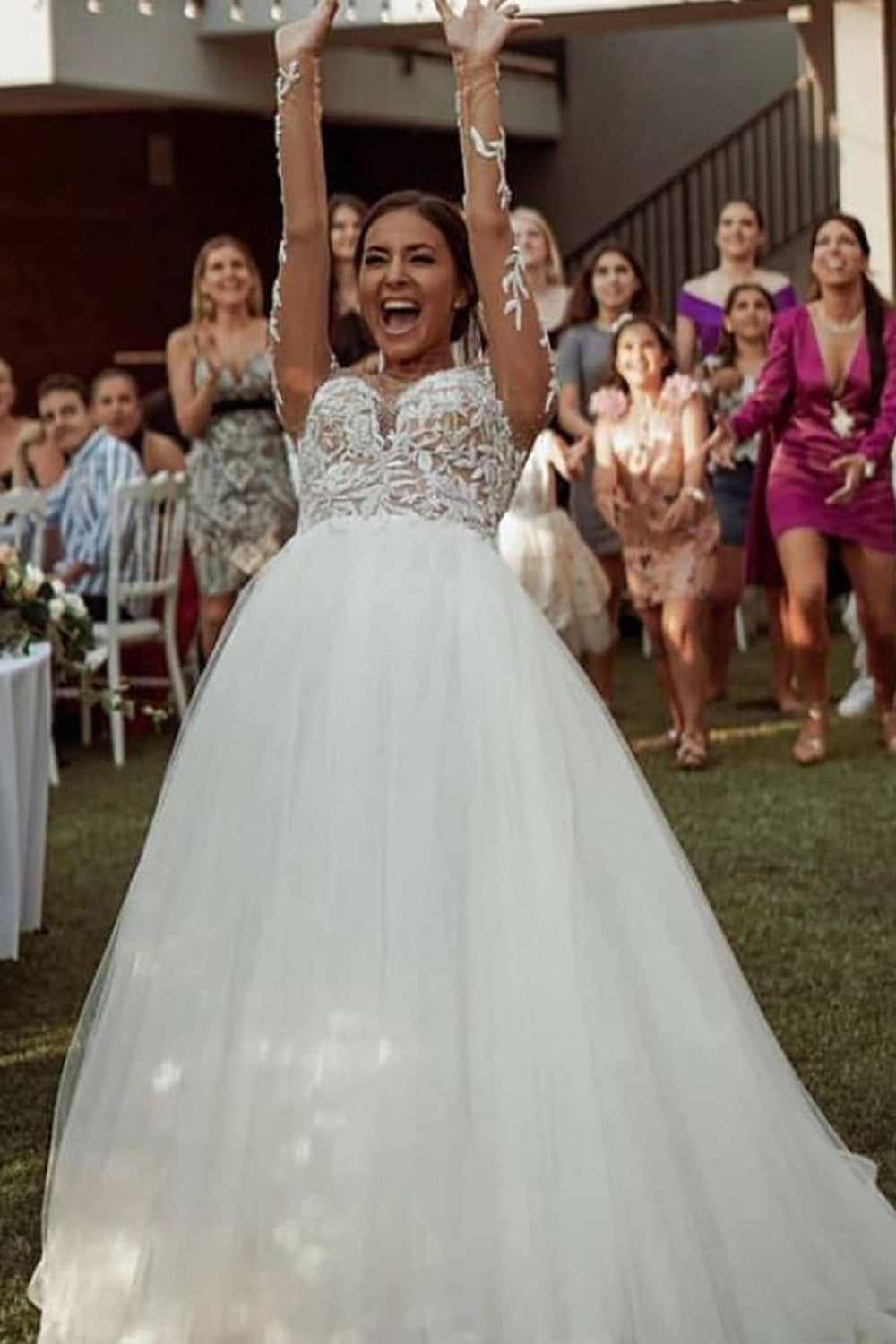 A-line Sheer Wedding Dress with Tulle Lace - Long Sleeves-BallBride
