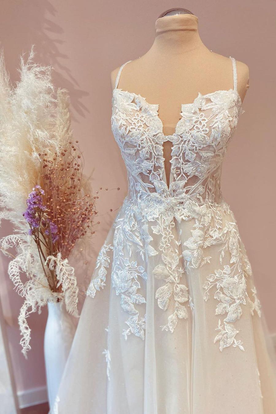 A-line Spaghetti-Straps Tulle Wedding Dress With Appliques Lace for Modest Brides-BallBride