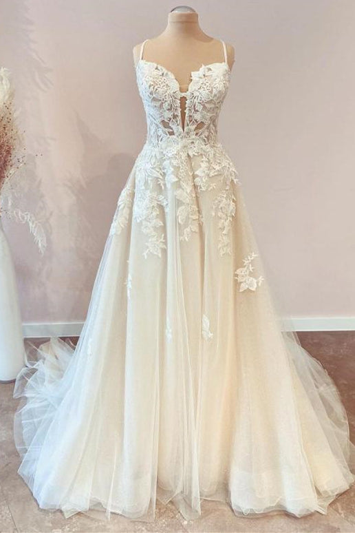 A-line Spaghetti-Straps Tulle Wedding Dress With Appliques Lace for Modest Brides-BallBride