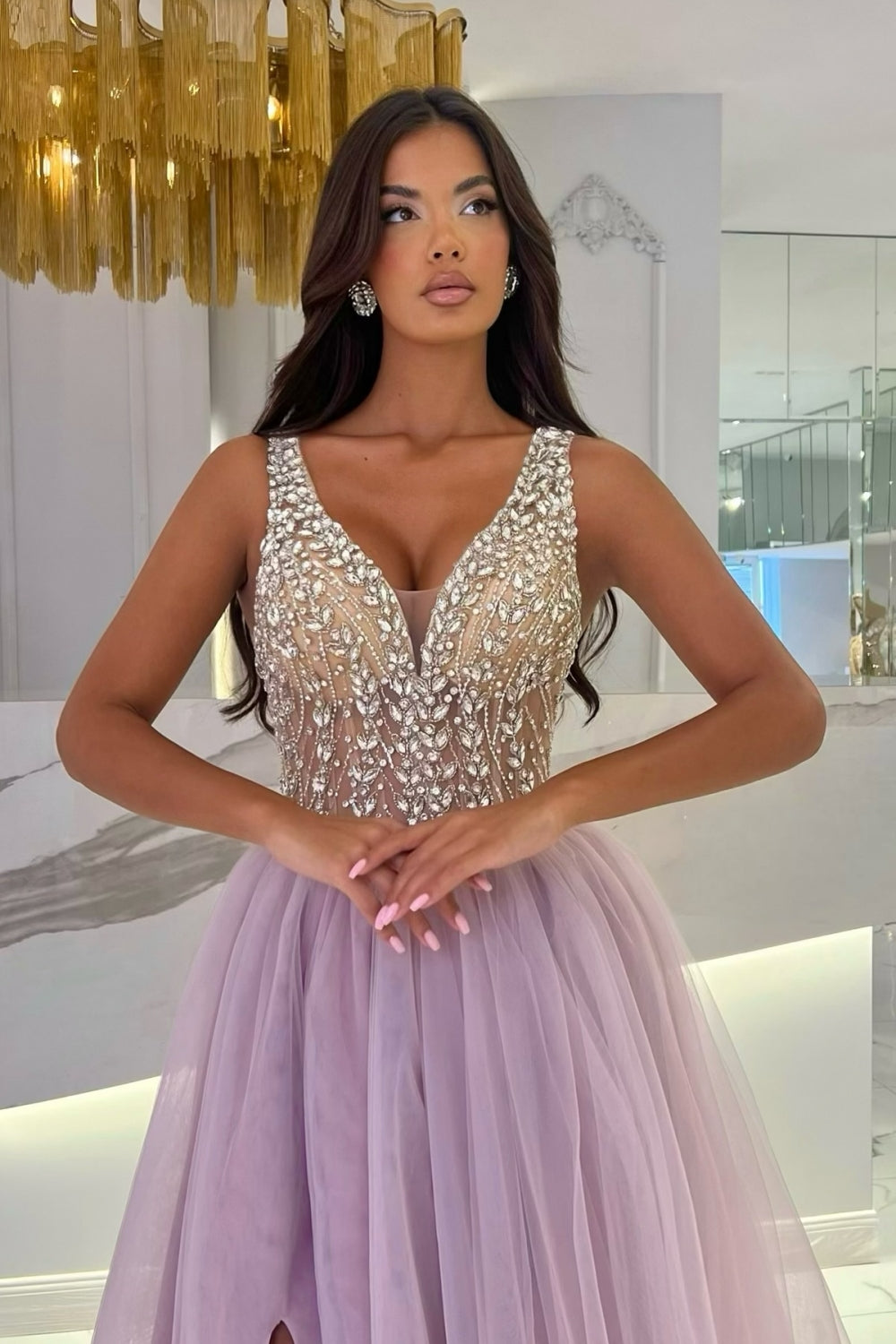 A-line Tulle Rhinestones V-neck Split Front Sleeveless Long Prom Dress-BallBride