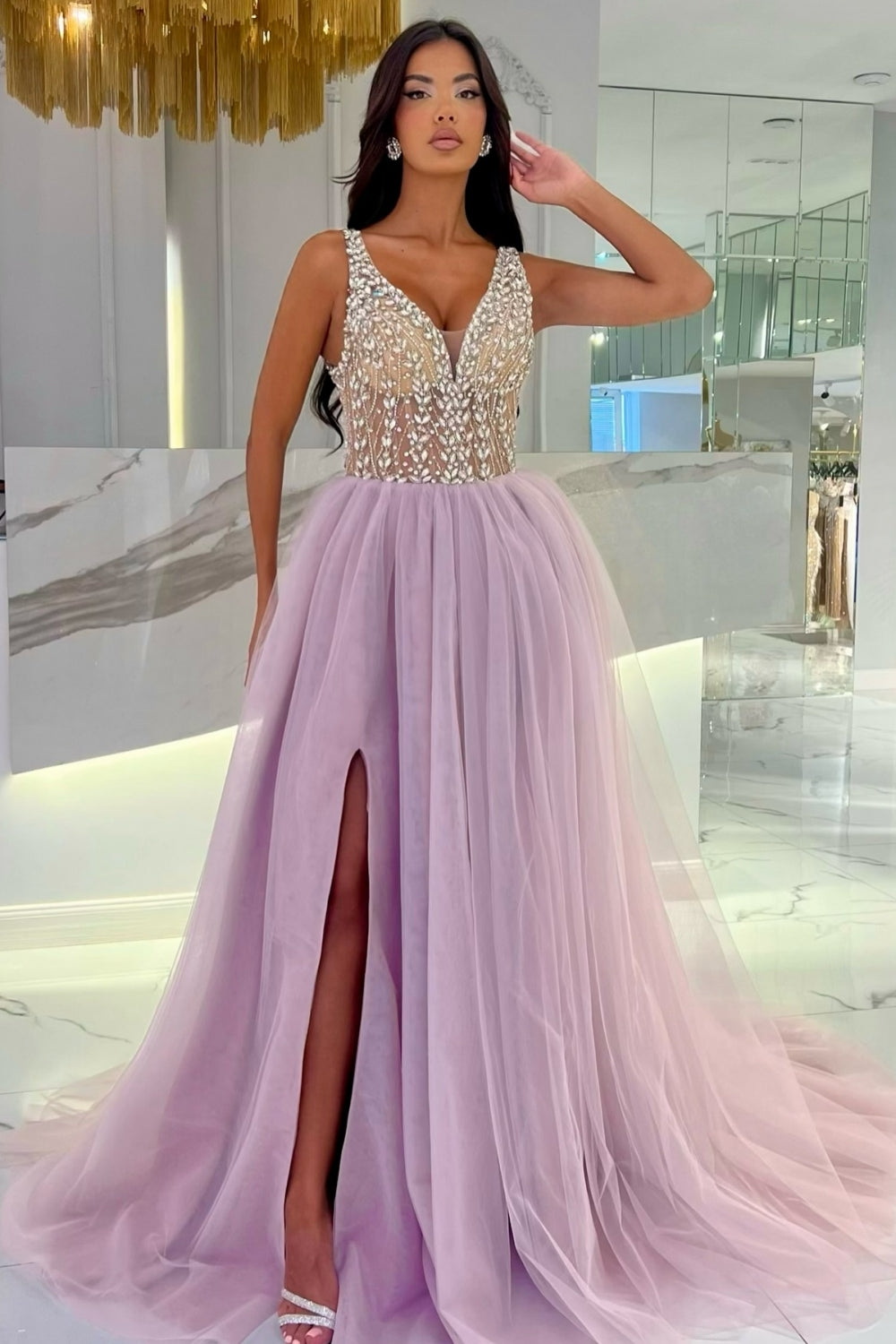 A-line Tulle Rhinestones V-neck Split Front Sleeveless Long Prom Dress-BallBride