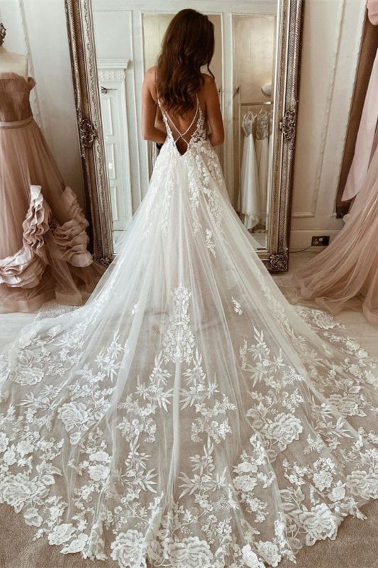 A-Line Tulle Spaghetti-Strap Lace Wedding Dress - Now On Sale!-BallBride