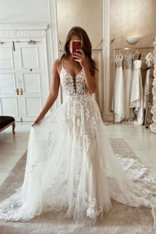 A-Line Tulle Spaghetti-Strap Lace Wedding Dress - Now On Sale!-BallBride