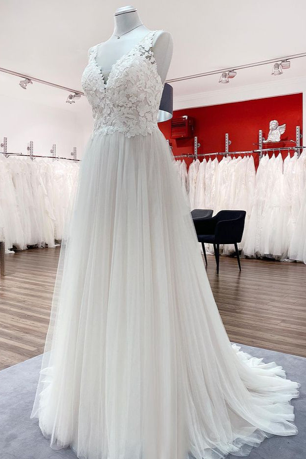 A-line Tulle V-Neck Open Back Wedding Dress With Appliques Lace-BallBride