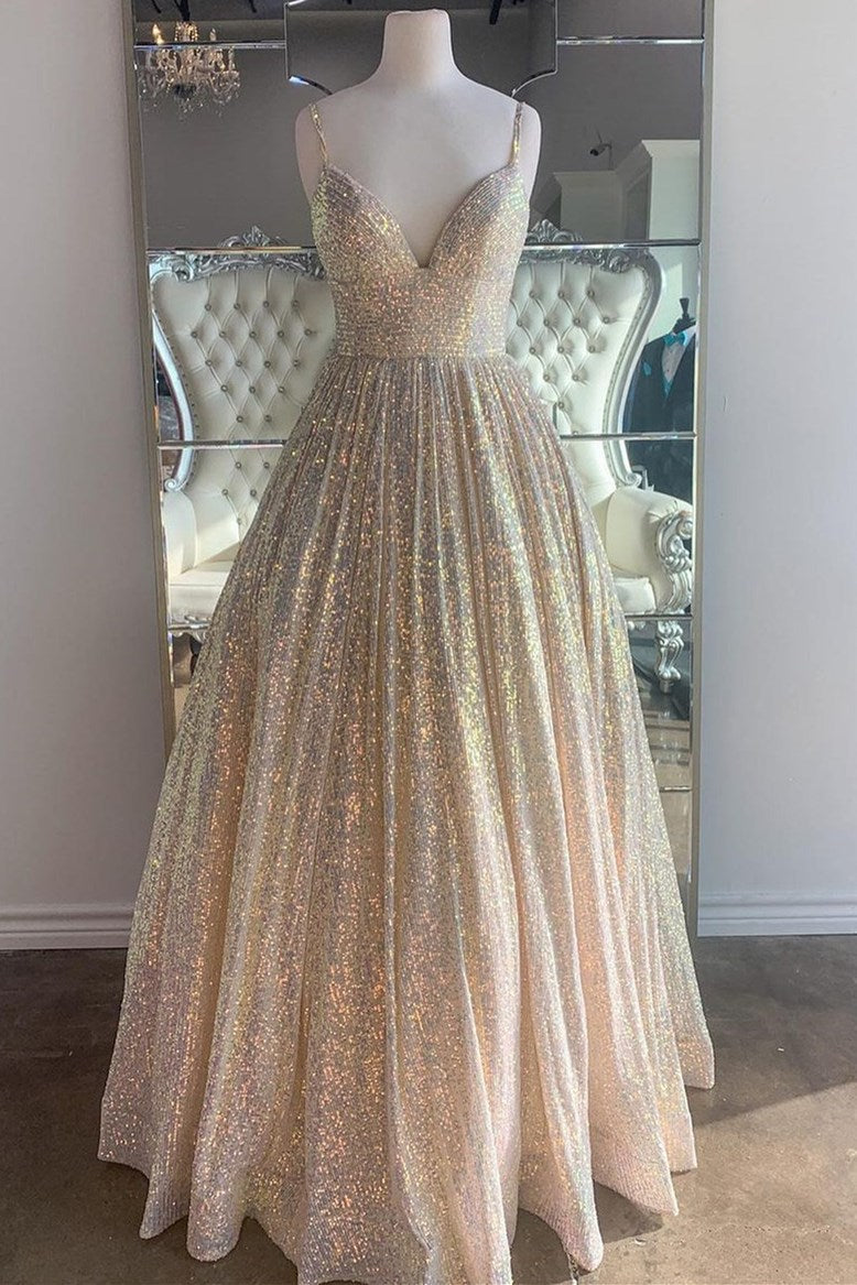 A Line V-Neck Prom Dress - Sparkling Appliques and Spaghetti-Straps-BallBride