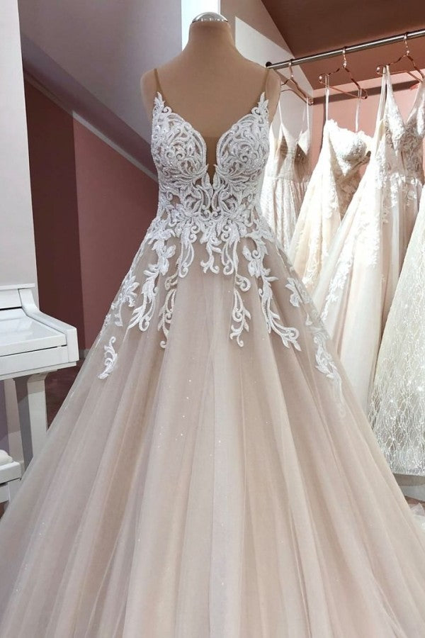 A-Line V-Neck Spaghetti Straps Tulle Wedding Dress With Appliques Lace-BallBride