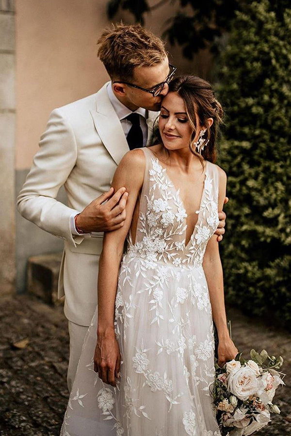A-Line Wedding Dress With Appliques and Boho Straps V-neck-BallBride
