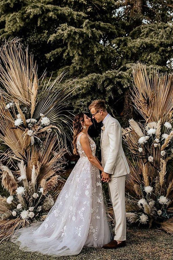 A-Line Wedding Dress With Appliques and Boho Straps V-neck-BallBride