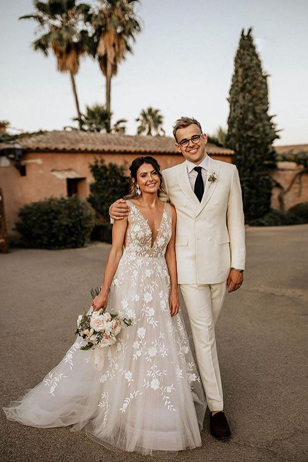 A-Line Wedding Dress With Appliques and Boho Straps V-neck-BallBride