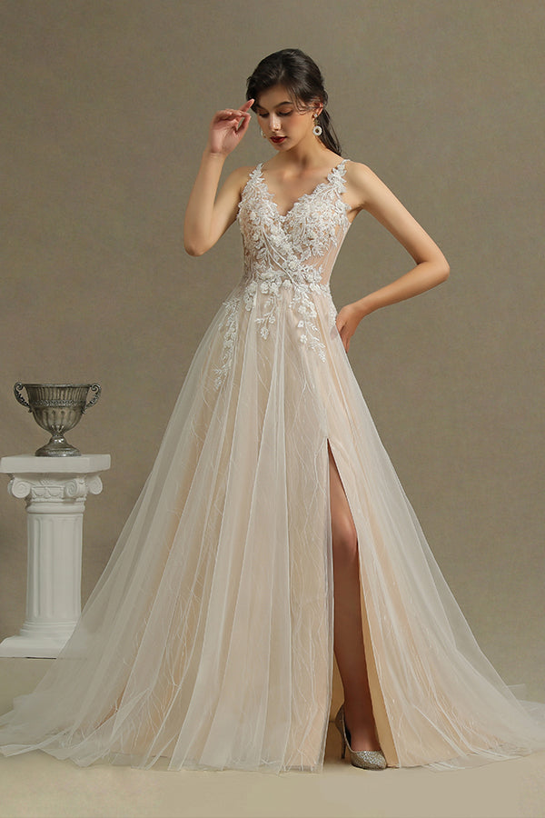 A-line Wedding Dress with Straps Floral Appliques & Split Backless-BallBride